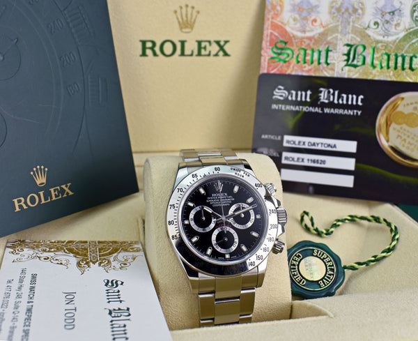 ROLEX 40mm Stainless Steel Daytona Black Index Dial Fat Clasp Box & Card Model 116520