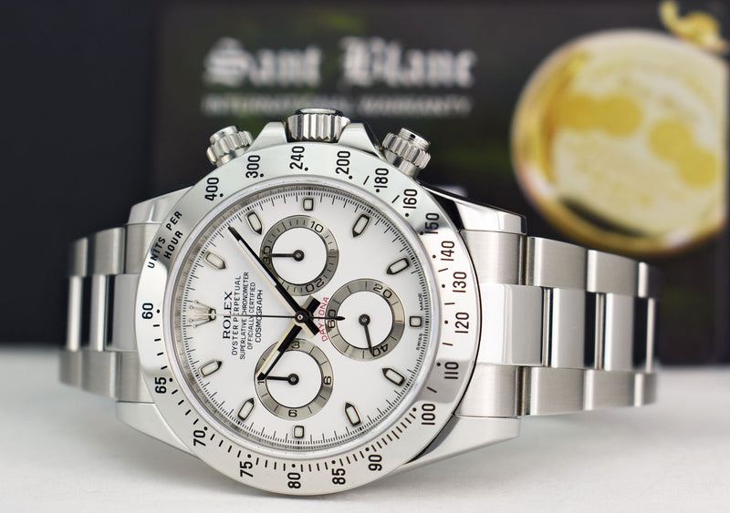 ROLEX Mens 40mm Stainless Steel Daytona White Index Dial Fat Clasp Model 116520