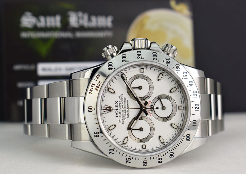 ROLEX Mens 40mm Stainless Steel Daytona White Index Dial Fat Clasp Model 116520