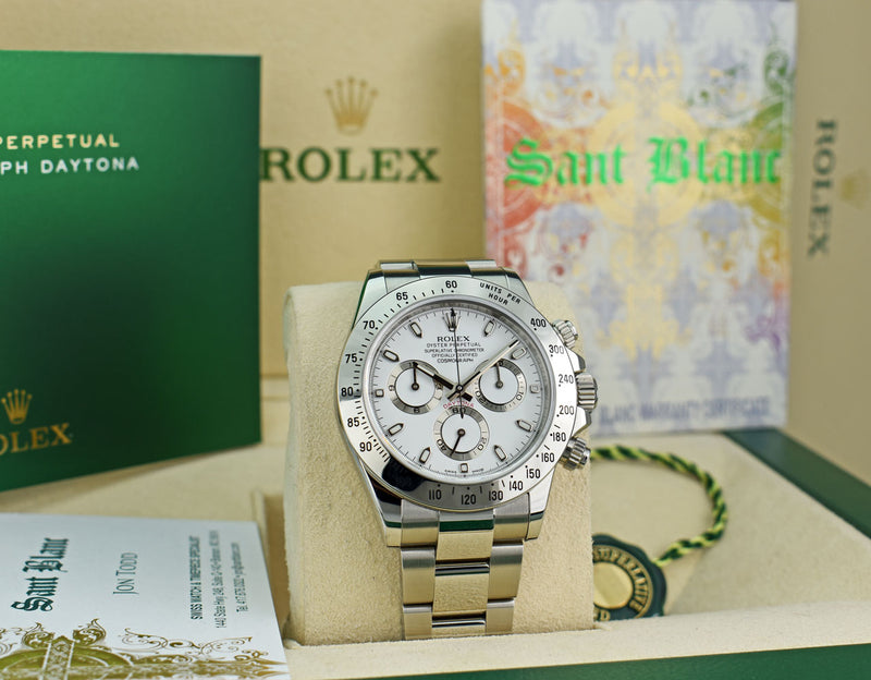 ROLEX Mens 40mm Stainless Steel Daytona White Index Dial Fat Clasp Model 116520