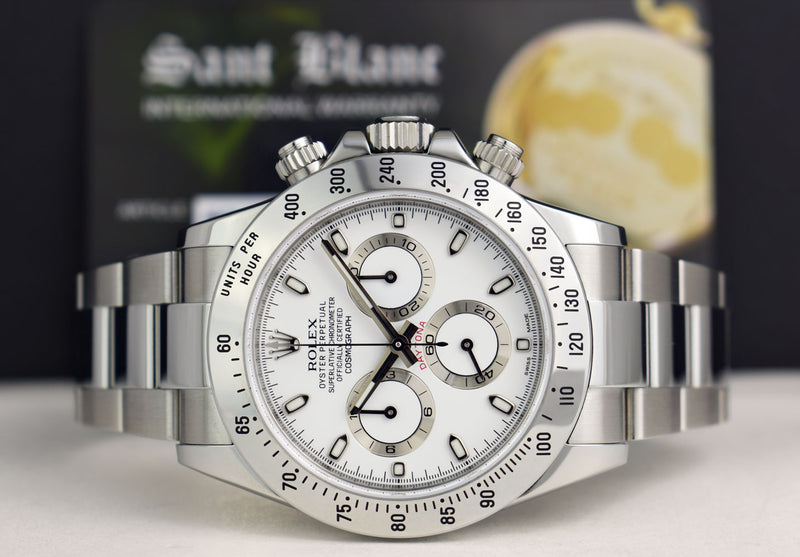 ROLEX Mens 40mm Stainless Steel Daytona White Index Dial Fat Clasp Model 116520