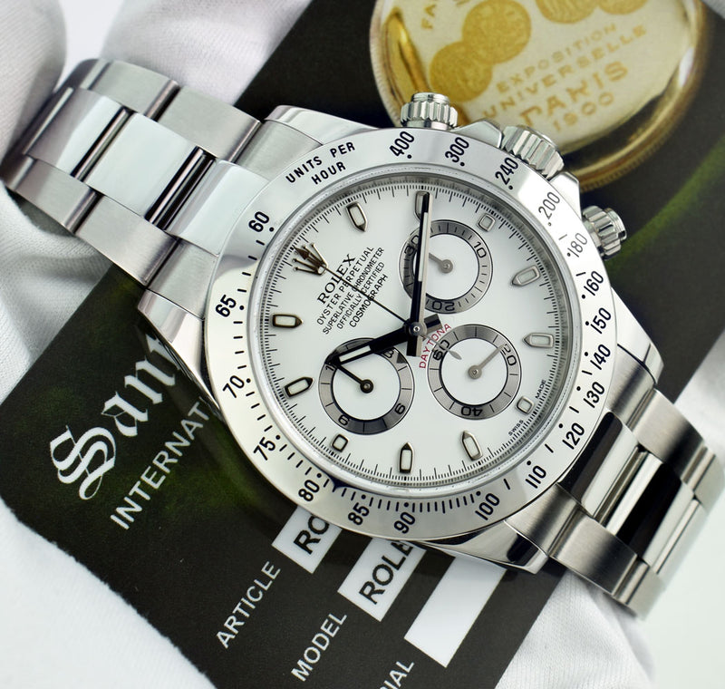 ROLEX Mens 40mm Stainless Steel Daytona White Index Dial Fat Clasp Model 116520