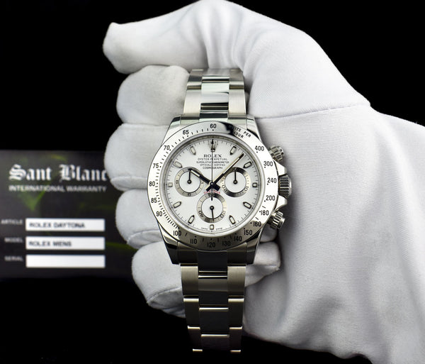 ROLEX Mens 40mm Stainless Steel Daytona White Index Dial Fat Clasp Model 116520