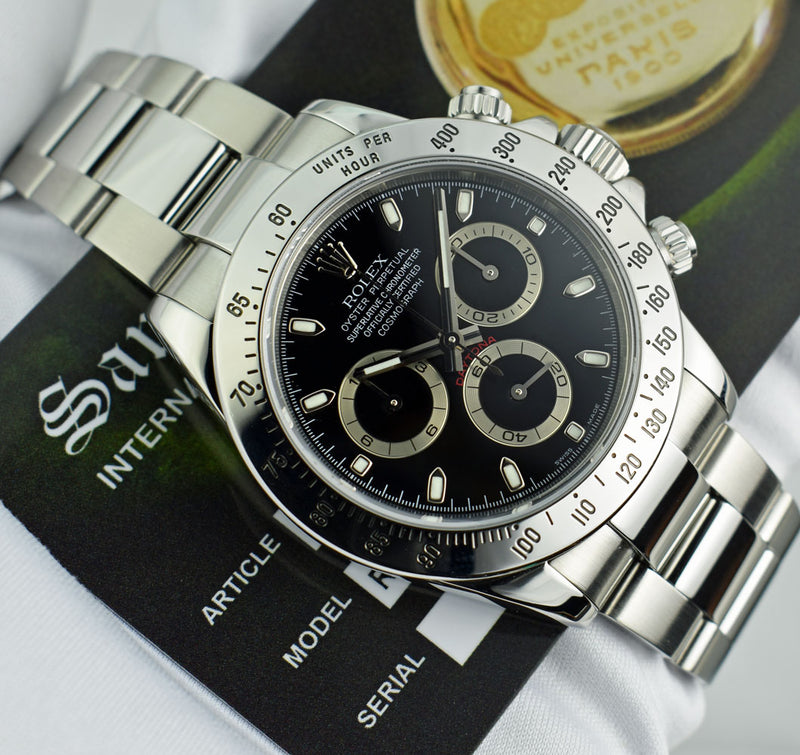 ROLEX 40mm Mens Stainless Steel Daytona Black Index Dial Model 116520