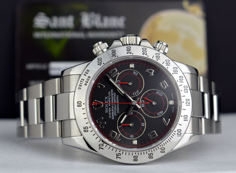 ROLEX 40mm Mens Stainless Steel Daytona Black Arabic "Race" Dial "Fat" Buckle Model 116520