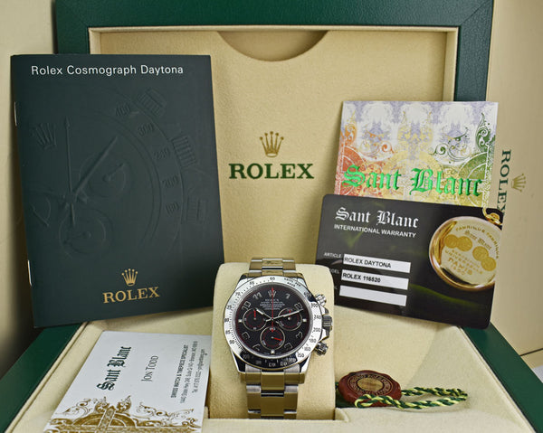 ROLEX 40mm Mens Stainless Steel Daytona Black Arabic "Race" Dial "Fat" Buckle Model 116520