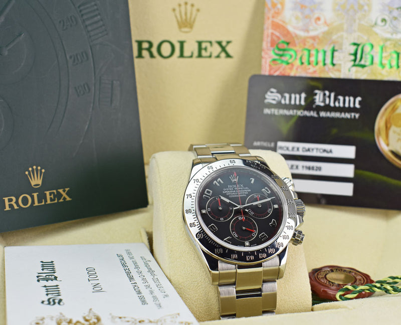 ROLEX 40mm Mens Stainless Steel Daytona Black Arabic "Race" Dial "Fat" Buckle Model 116520