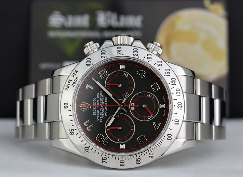 ROLEX 40mm Mens Stainless Steel Daytona Black Arabic "Race" Dial "Fat" Buckle Model 116520