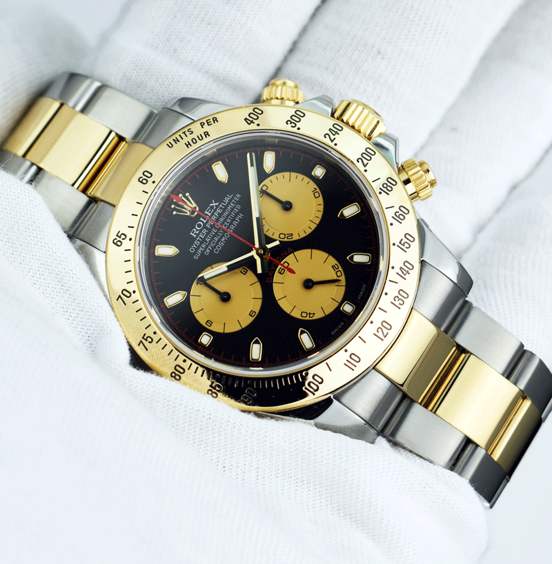 ROLEX 40mm 18kt Gold & Stainless Steel Daytona Black Paul Newman Dial Model 116523