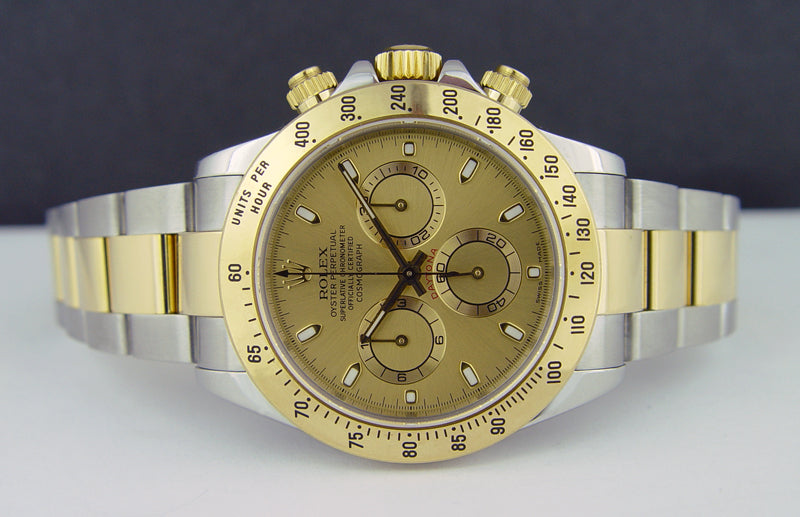 ROLEX 40mm 18kt Gold & Stainless Steel Daytona Champagne Index Dial Model 116523