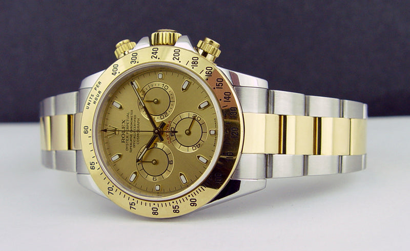 ROLEX 40mm 18kt Gold & Stainless Steel Daytona Champagne Index Dial Model 116523