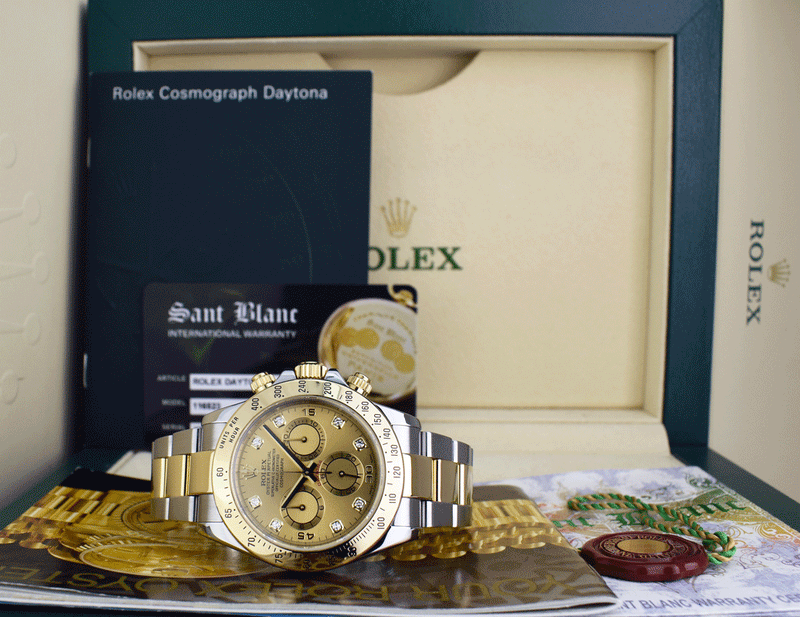 ROLEX 40mm 18kt Gold & Stainless Steel Daytona Champagne Diamond Dial Model 116523