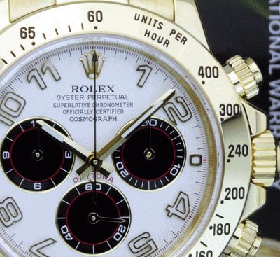 ROLEX Mens 18kt Gold Daytona White Panda Arabic Dial Fat Buckle