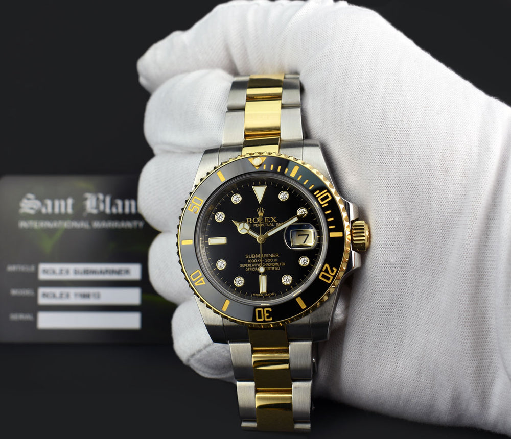 ROLEX 18kt Gold Stainless Steel Submariner Black DIAMOND Dial Model Sant Blanc