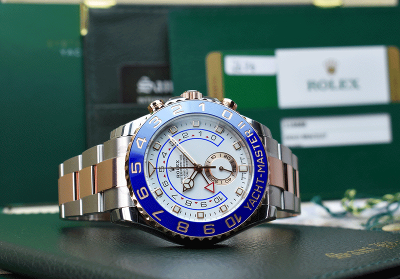 ROLEX 44mm 18kt Rose Gold & Stainless Steel YachtMaster II Blue Hands Model 116681