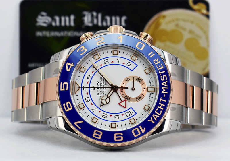 ROLEX 44mm 18kt Rose Gold & Stainless Steel YachtMaster II Blue Hands Model 116681