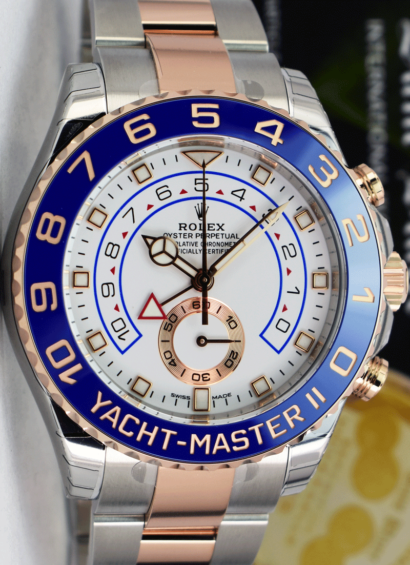 ROLEX 44mm 18kt Rose Gold & Stainless Steel YachtMaster II Blue Hands Model 116681