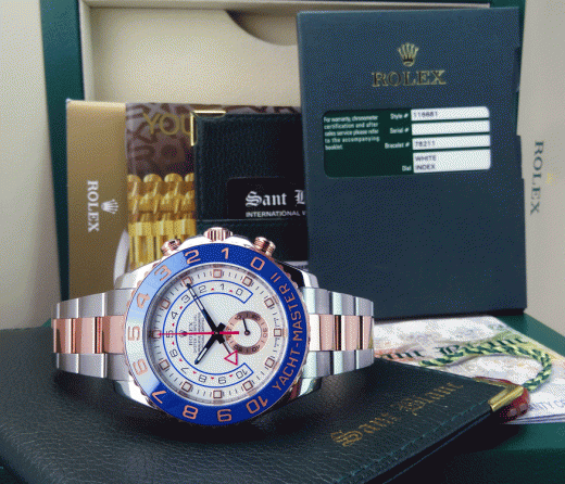 ROLEX Rose Gold & Stainless YachtMaster II Blue Hands Card Model 116681