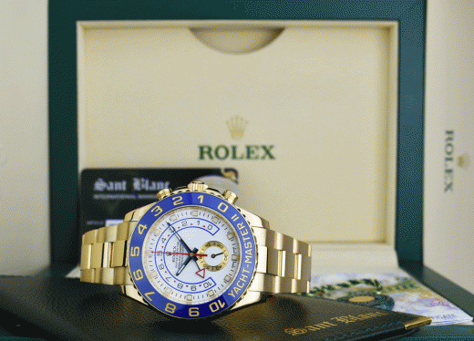 ROLEX Mens 44mm 18kt Gold YachtMaster II Blue Hands With Box & Card Model 116688