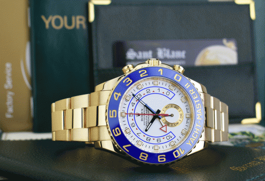 ROLEX Mens 44mm 18kt Gold YachtMaster II Blue Hands With Box & Card Model 116688