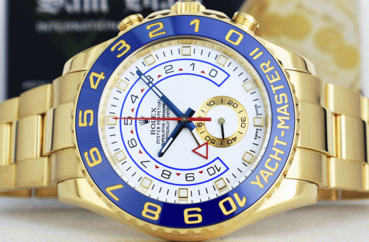 ROLEX Mens 44mm 18kt Gold YachtMaster II Blue Hands With Box & Card Model 116688