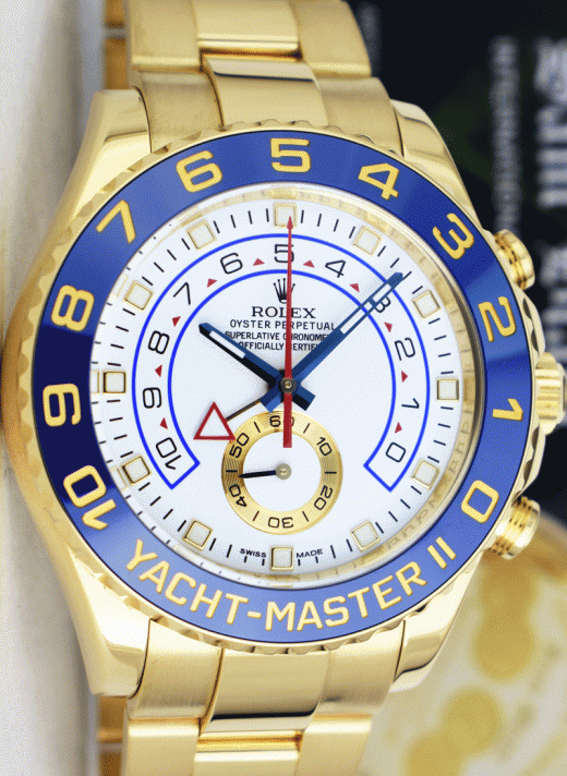 ROLEX Mens 44mm 18kt Gold YachtMaster II Blue Hands With Box & Card Model 116688