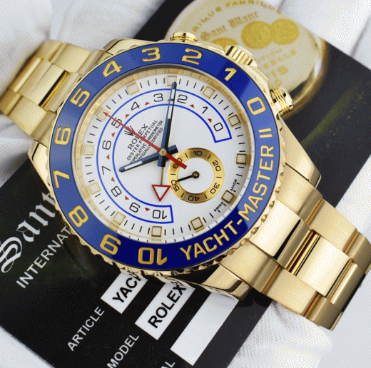 ROLEX Mens 44mm 18kt Gold YachtMaster II Blue Hands With Box & Card Model 116688