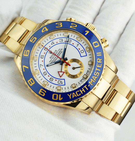 ROLEX Mens 44mm 18kt Gold YachtMaster II Blue Hands With Box & Card Model 116688
