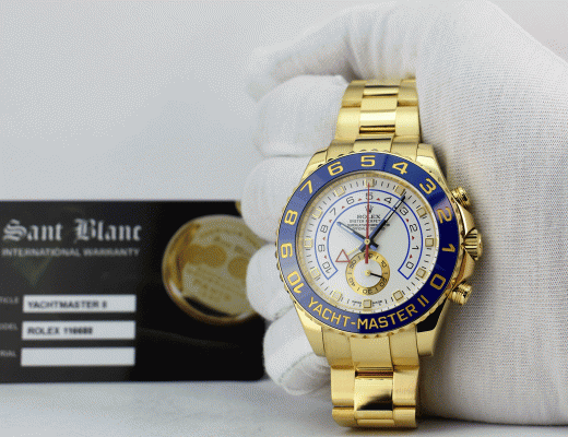 ROLEX Mens 44mm 18kt Gold YachtMaster II Blue Hands With Box & Card Model 116688
