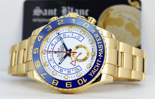 ROLEX Mens 44mm 18kt Gold YachtMaster II Blue Hands With Box & Card Model 116688