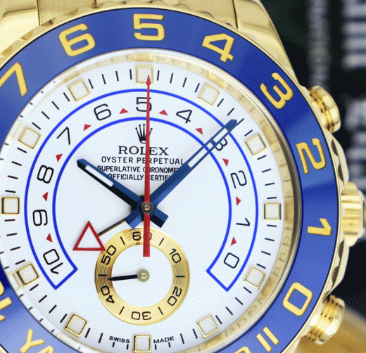 ROLEX Mens 44mm 18kt Gold YachtMaster II Blue Hands With Box & Card Model 116688
