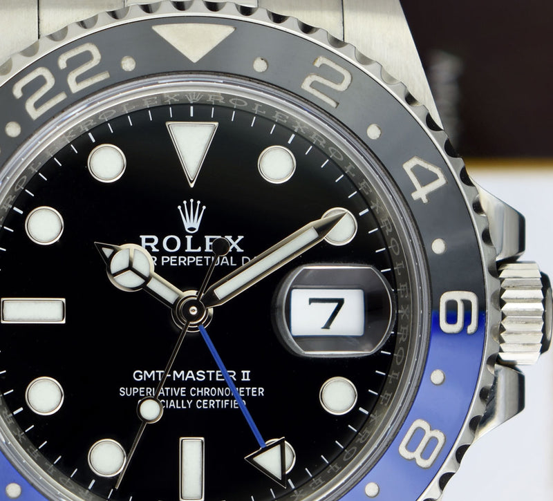 ROLEX 40mm Stainless Steel GMT Master II Blue Black BATMAN Bezel