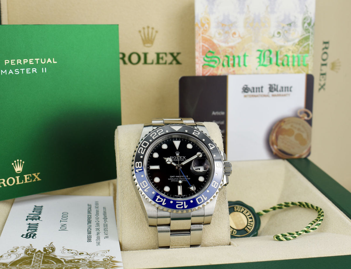 ROLEX 40mm Stainless Steel GMT Master II Batman Blue Black Bezel
