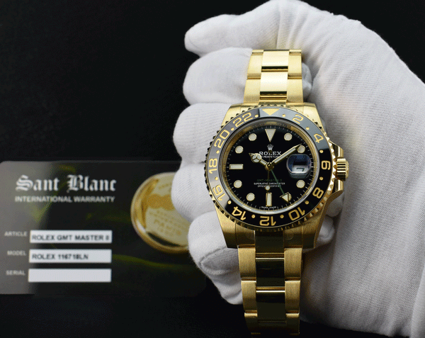 ROLEX Mens 18kt Gold 40mm GMT Master II Black 116718