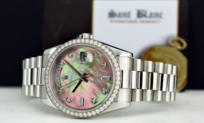 ROLEX REHAUT Mens Day Date Platinum President MOP Diamond Dial Diamond Bezel Model 118206