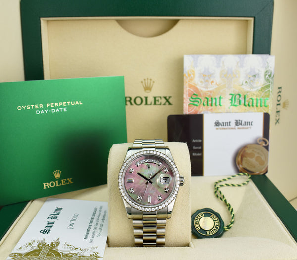 ROLEX REHAUT Mens Day Date Platinum President MOP Diamond Dial Diamond Bezel Model 118206