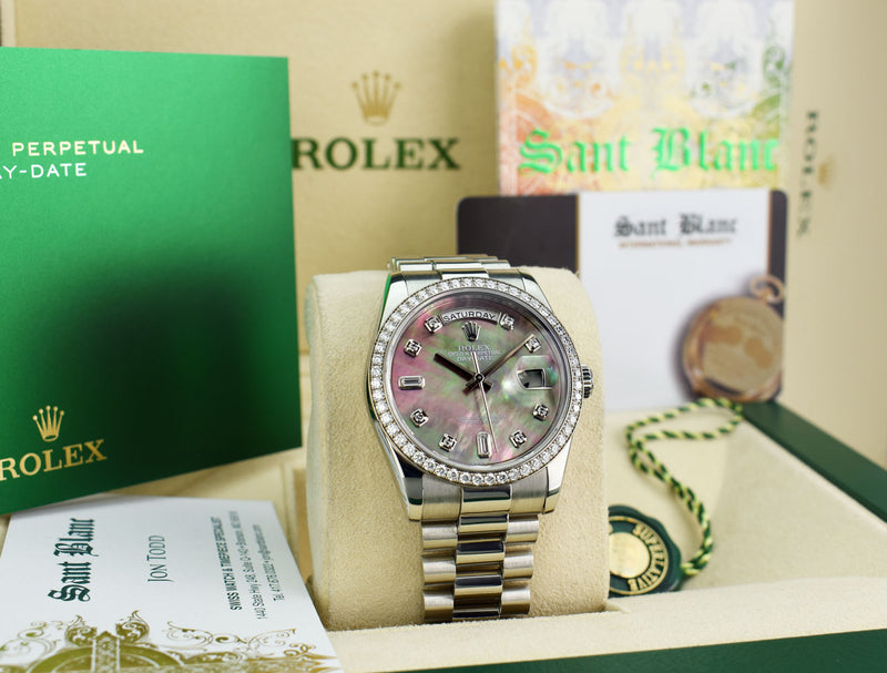 ROLEX REHAUT Mens Day Date Platinum President MOP Diamond Dial Diamond Bezel Model 118206