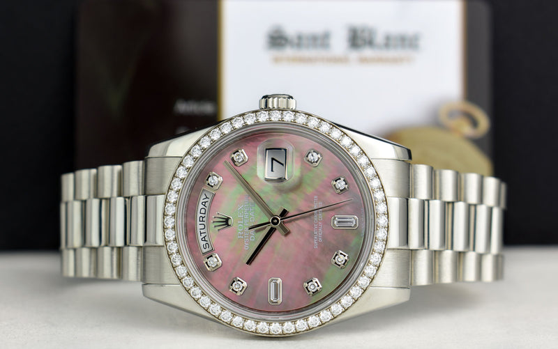 ROLEX REHAUT Mens Day Date Platinum President MOP Diamond Dial Diamond Bezel Model 118206