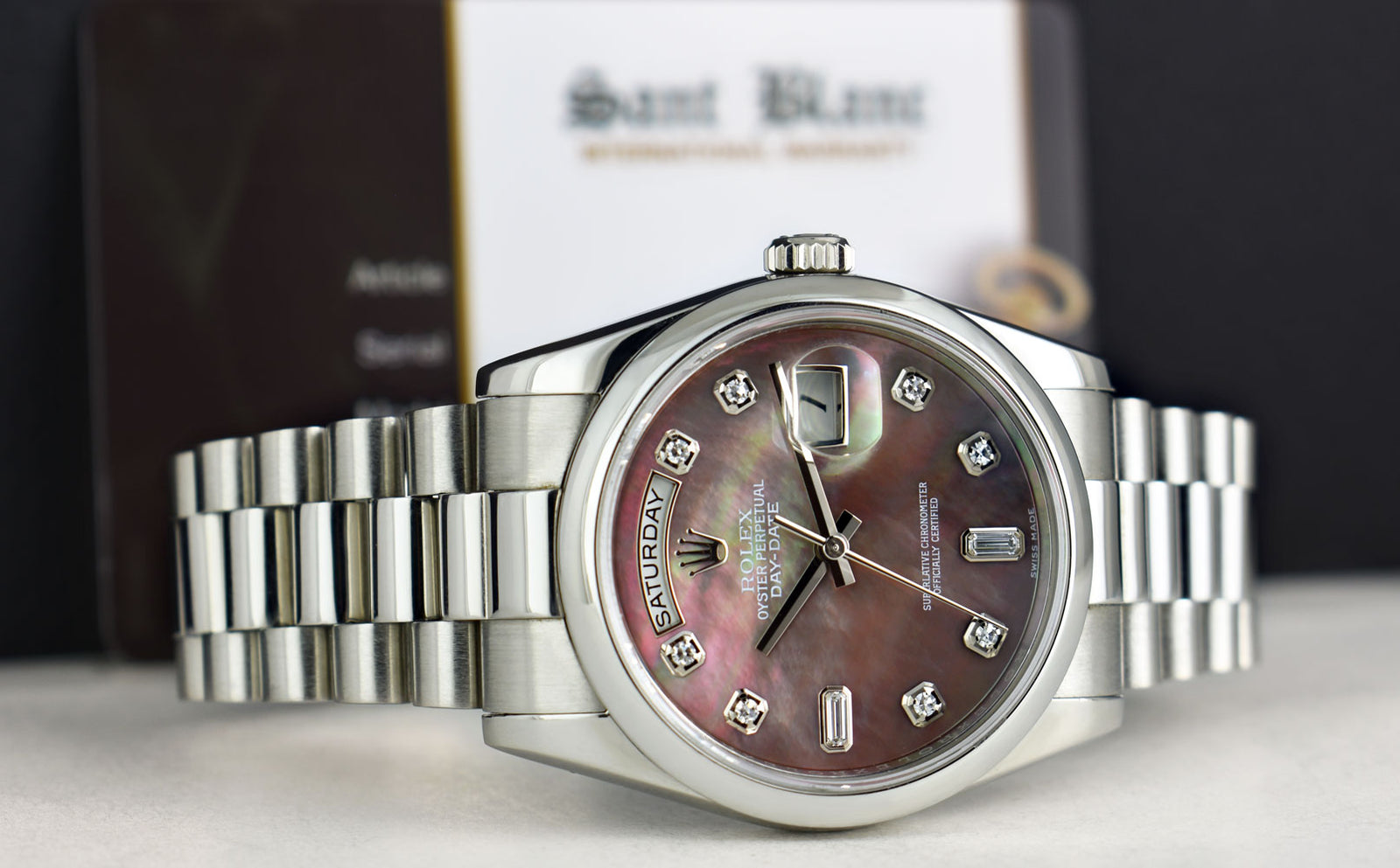 ROLEX REHAUT Mens Day Date 36 Platinum President MOP Diamond Model
