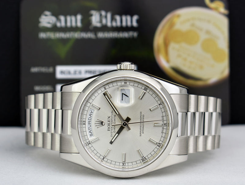 ROLEX Mens Platinum DayDate President Silver Index Model 118206