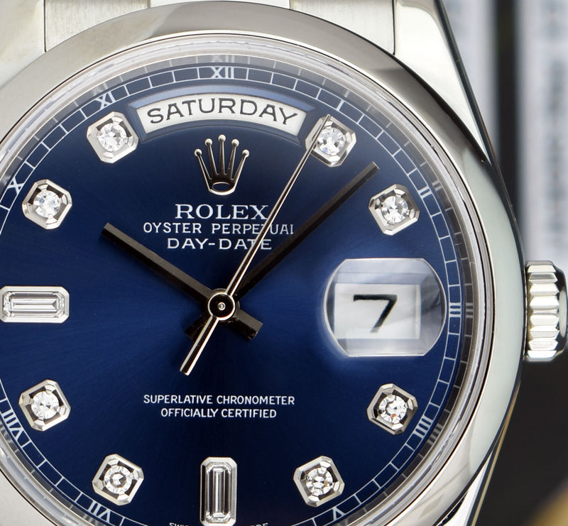 ROLEX Mens Platinum Day Date President Blue Diamond Dial Model 118206