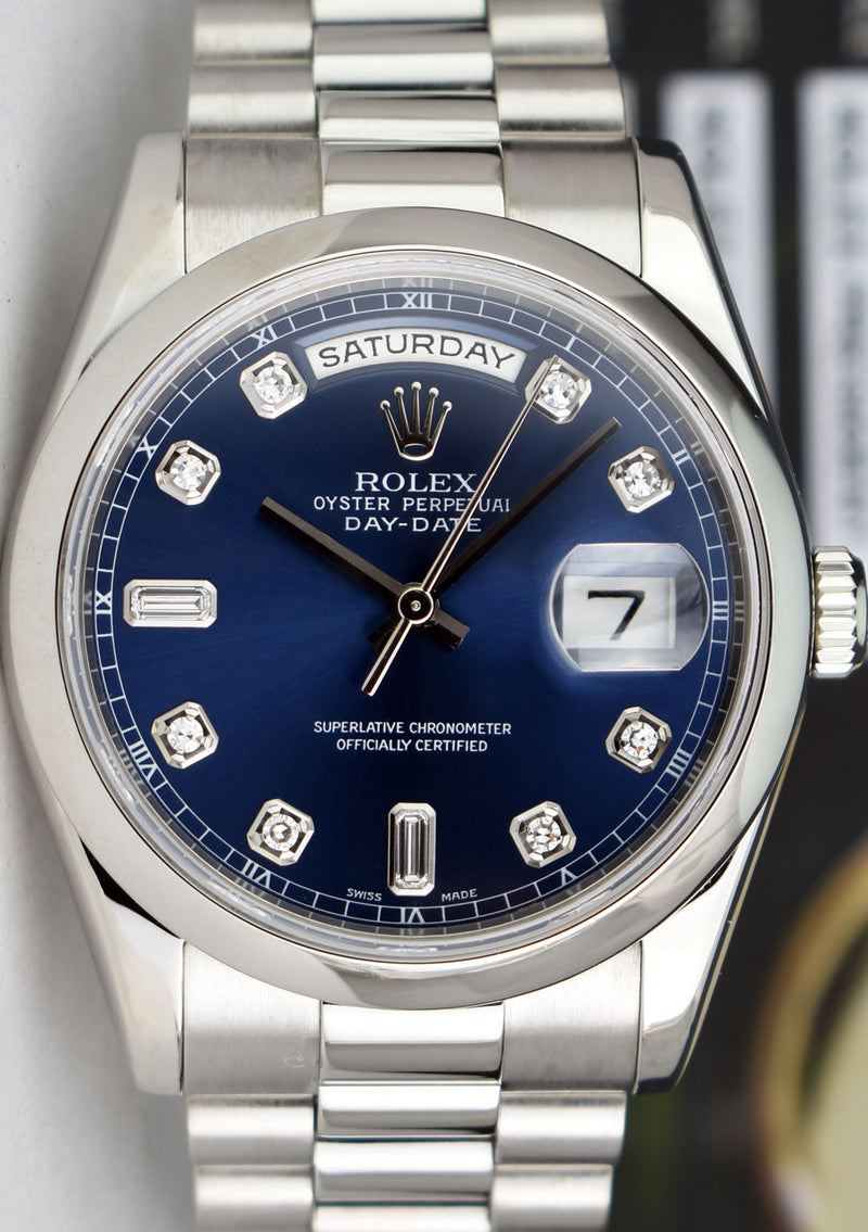 ROLEX Mens Platinum Day Date President Blue Diamond Dial Model 118206