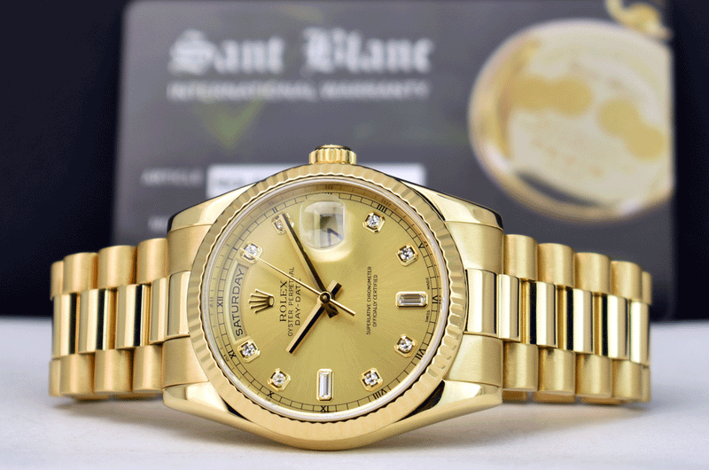 ROLEX 18kt Gold Day Date President Champagne Diamond Dial Fat Buckle Model 118238