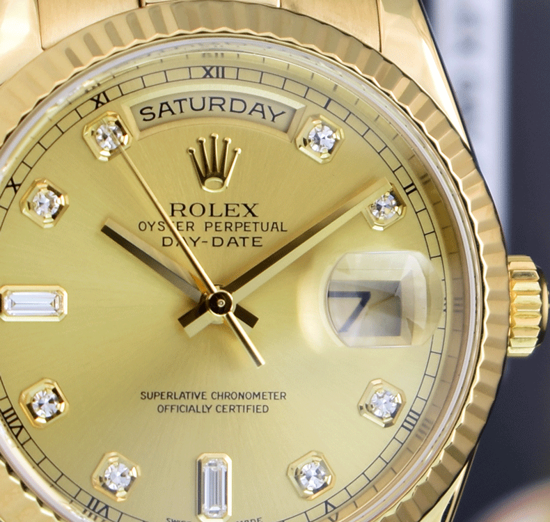ROLEX 18kt Gold Day Date President Champagne Diamond Dial Fat Buckle Model 118238