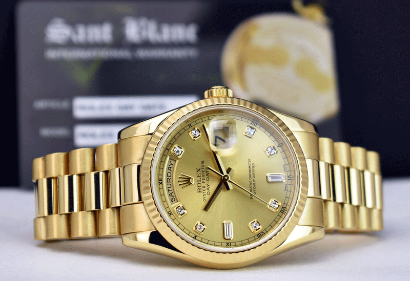ROLEX 18kt Gold Day Date President Champagne Diamond Dial Fat Buckle Model 118238