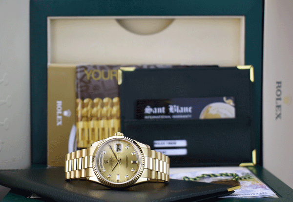 ROLEX 18kt Gold Day Date President Champagne Diamond Dial Fat Buckle Model 118238