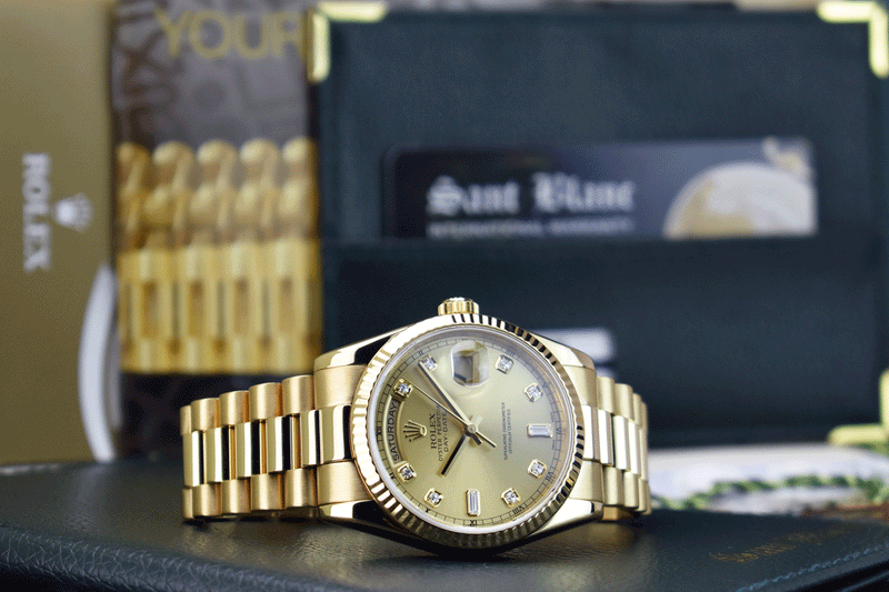 ROLEX 18kt Gold Day Date President Champagne Diamond Dial Fat Buckle Model 118238