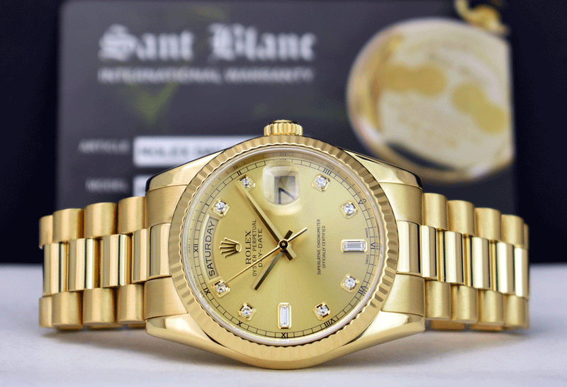 ROLEX 18kt Gold Day Date President Champagne Diamond Dial Fat Buckle Model 118238