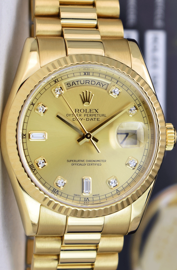 ROLEX 18kt Gold Day Date President Champagne Diamond Dial Fat Buckle Model 118238