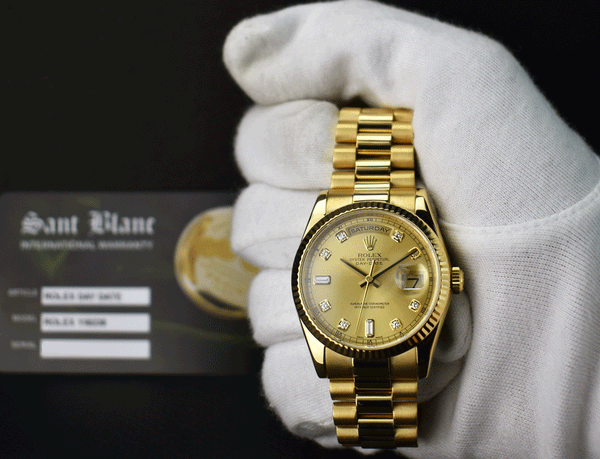 ROLEX 18kt Gold Day Date President Champagne Diamond Dial Fat Buckle Model 118238